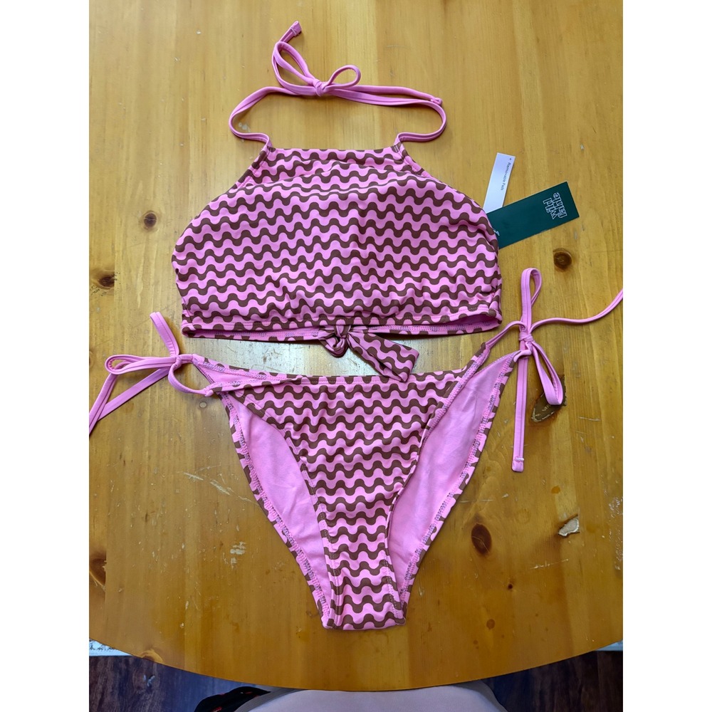 Wild Fable Pink Brown Wavy Bikini Set High Neck Top L Side Tie‎ Bottoms M NWT